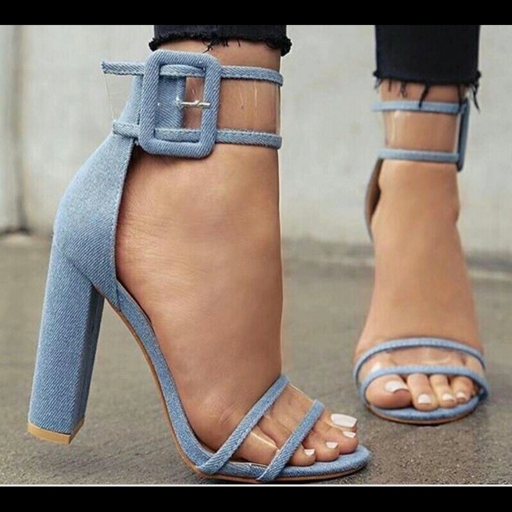 Clear denim strap with chunky heel NEELA